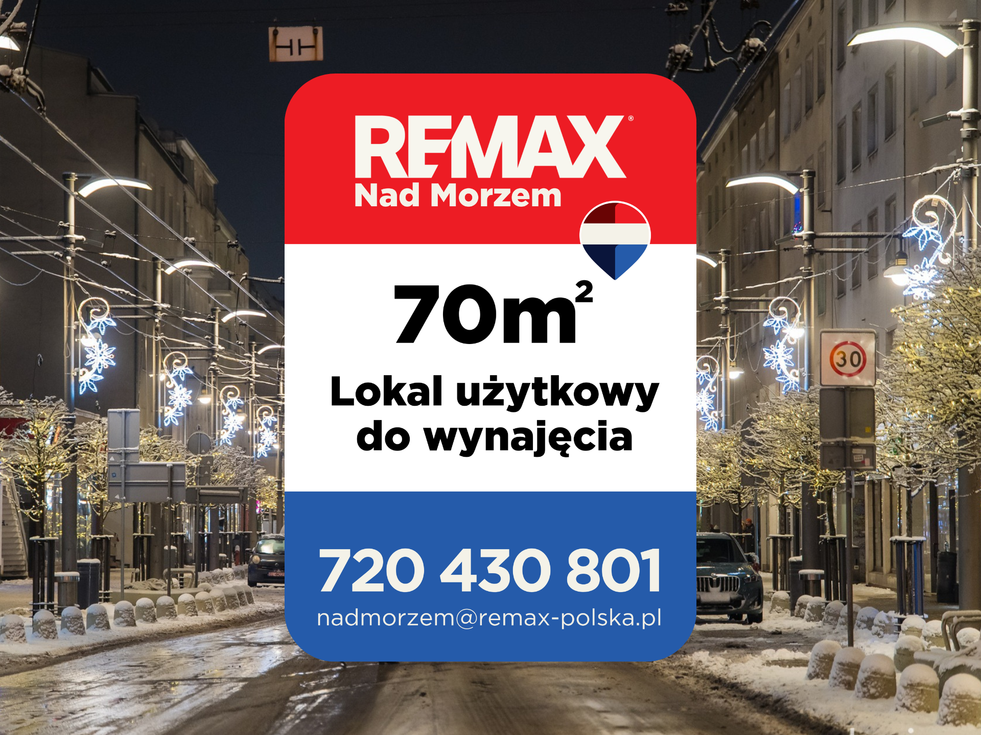 Lokal użytkowy do wynajęcia Gdynia, REMAX, commercial, baner, sklep, witryna, żółty.